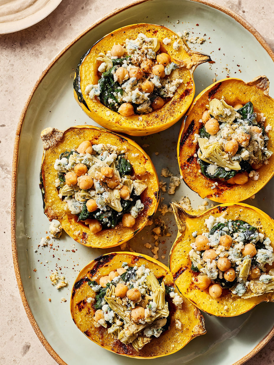 Roasted carnival squash with savory chickpea filling.