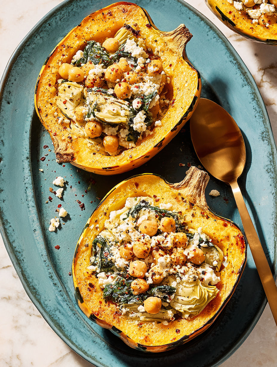 Two roasted carnival squash with savory chickpea filling.