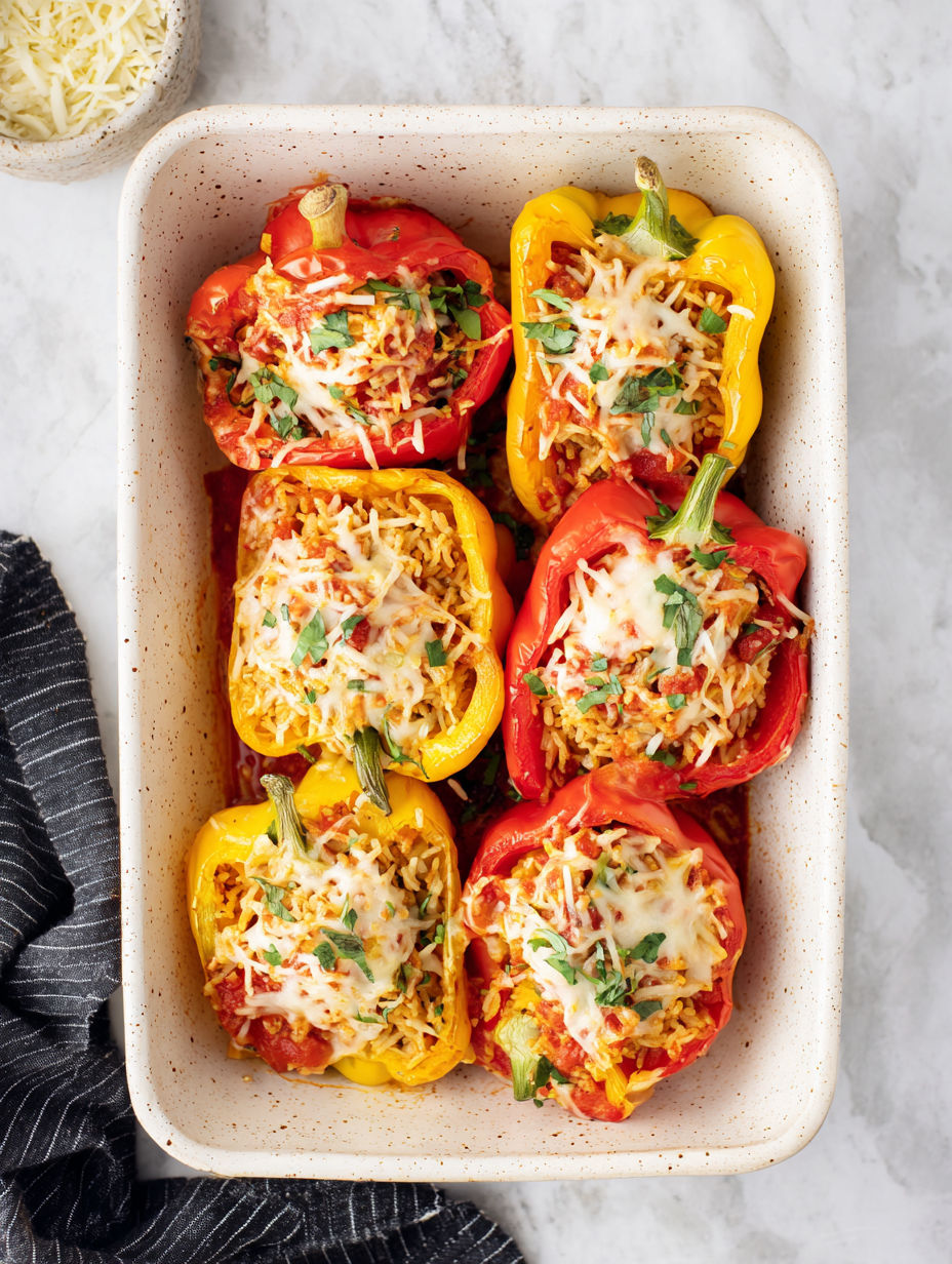 A dish of stuffed peppers with cheese and ground chicken.