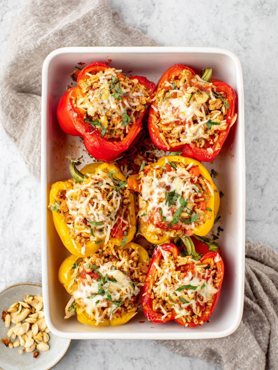 A white bowl filled with stuffed peppers.