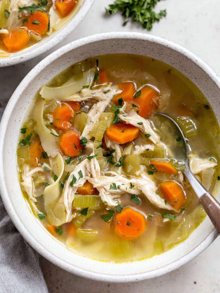 A bowl of chicken soup with carrots and herbs.