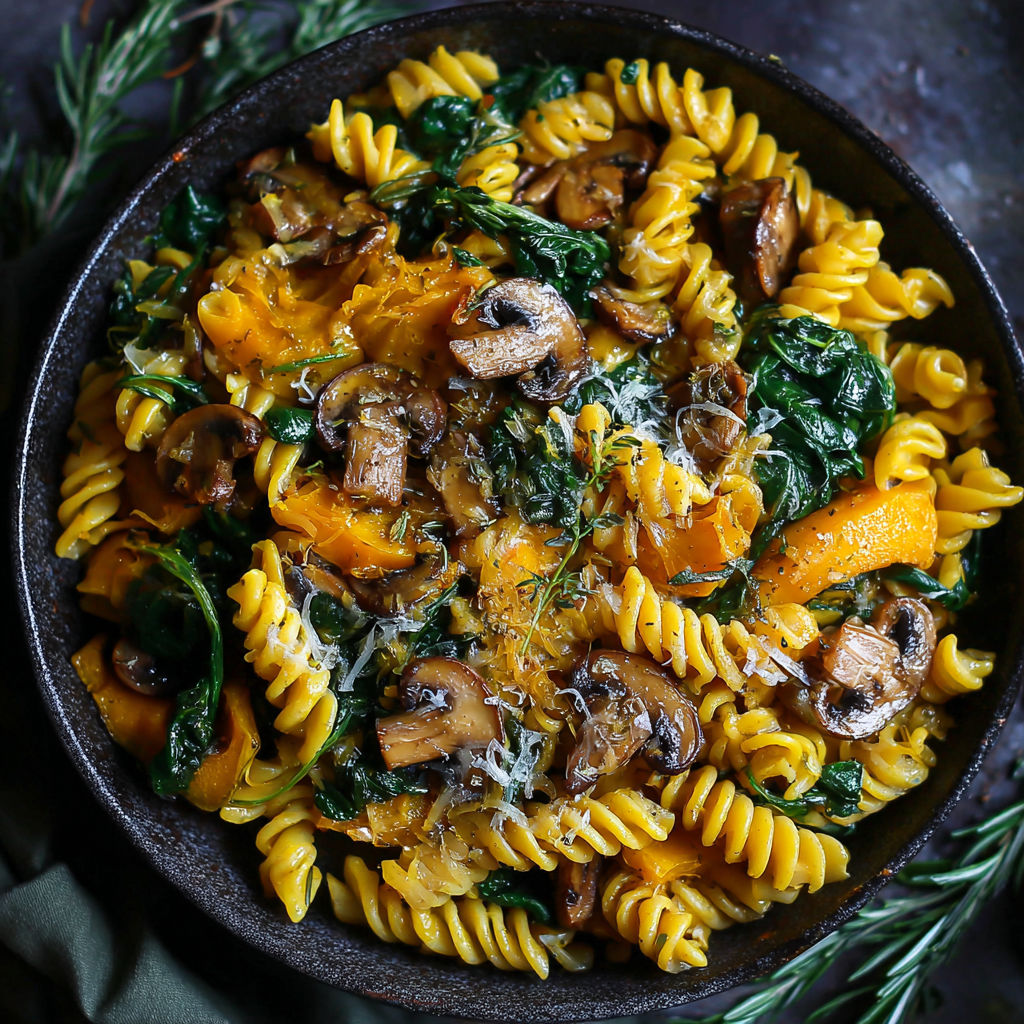 A bowl of pasta with mushrooms and spinach.