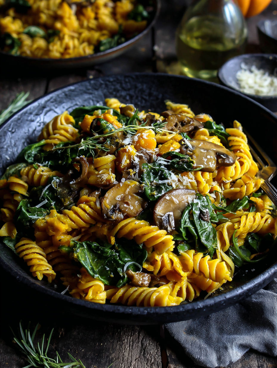 A bowl of pasta with mushrooms and spinach.