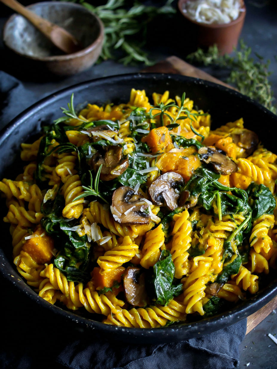 A bowl of pasta with mushrooms and spinach.