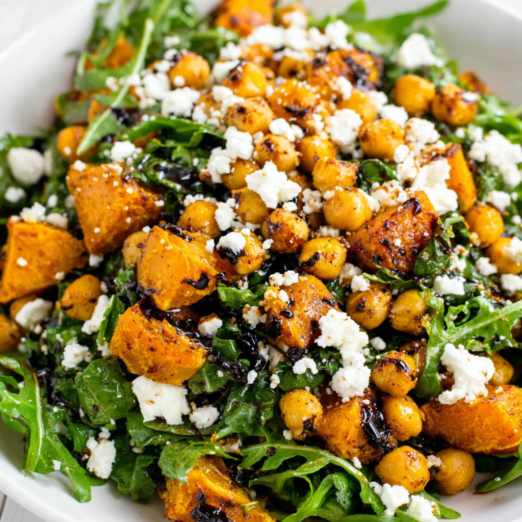 A bowl of roasted pumpkin chickpea salad.