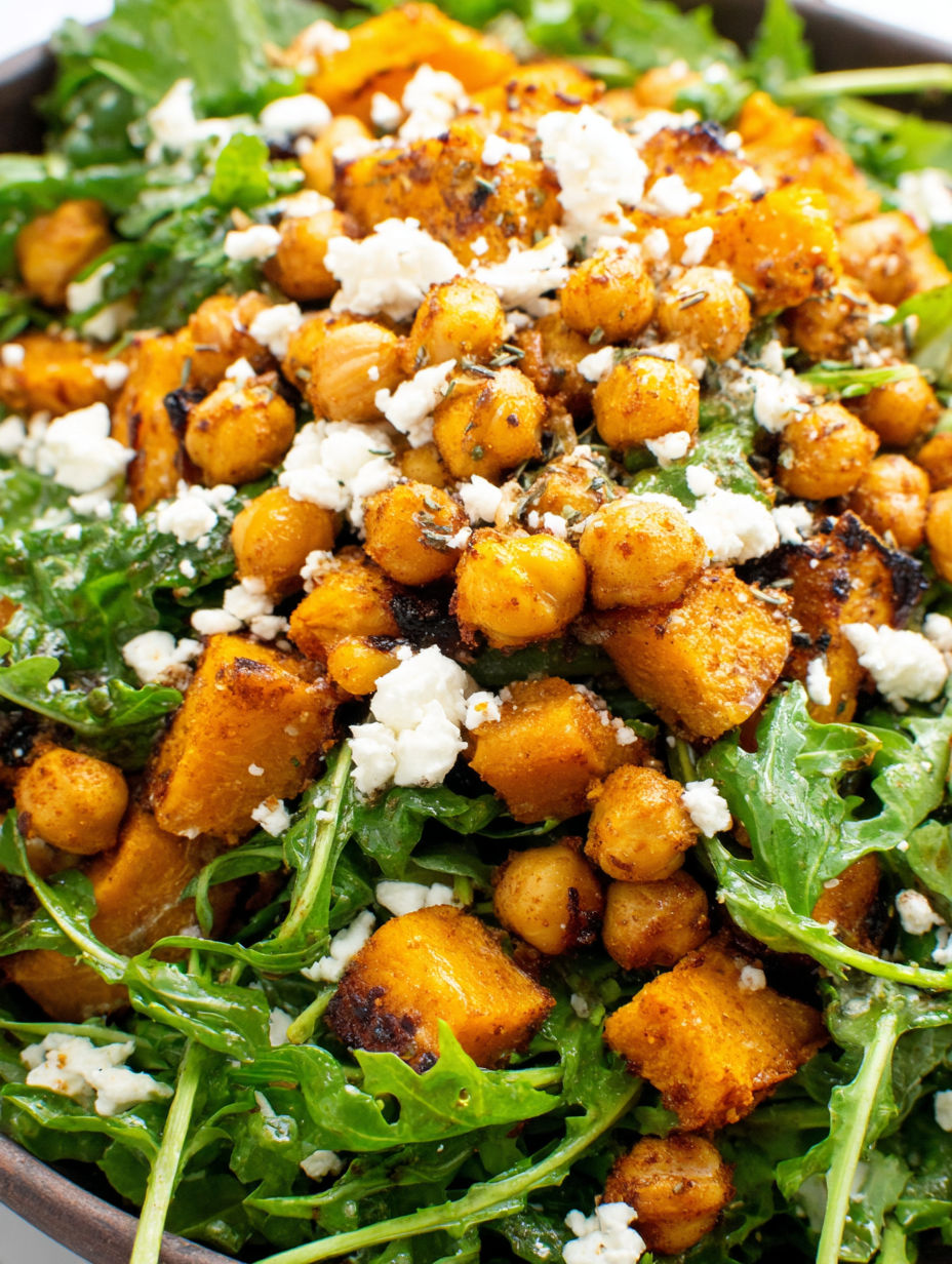 A salad with chickpeas, spinach, and feta cheese.