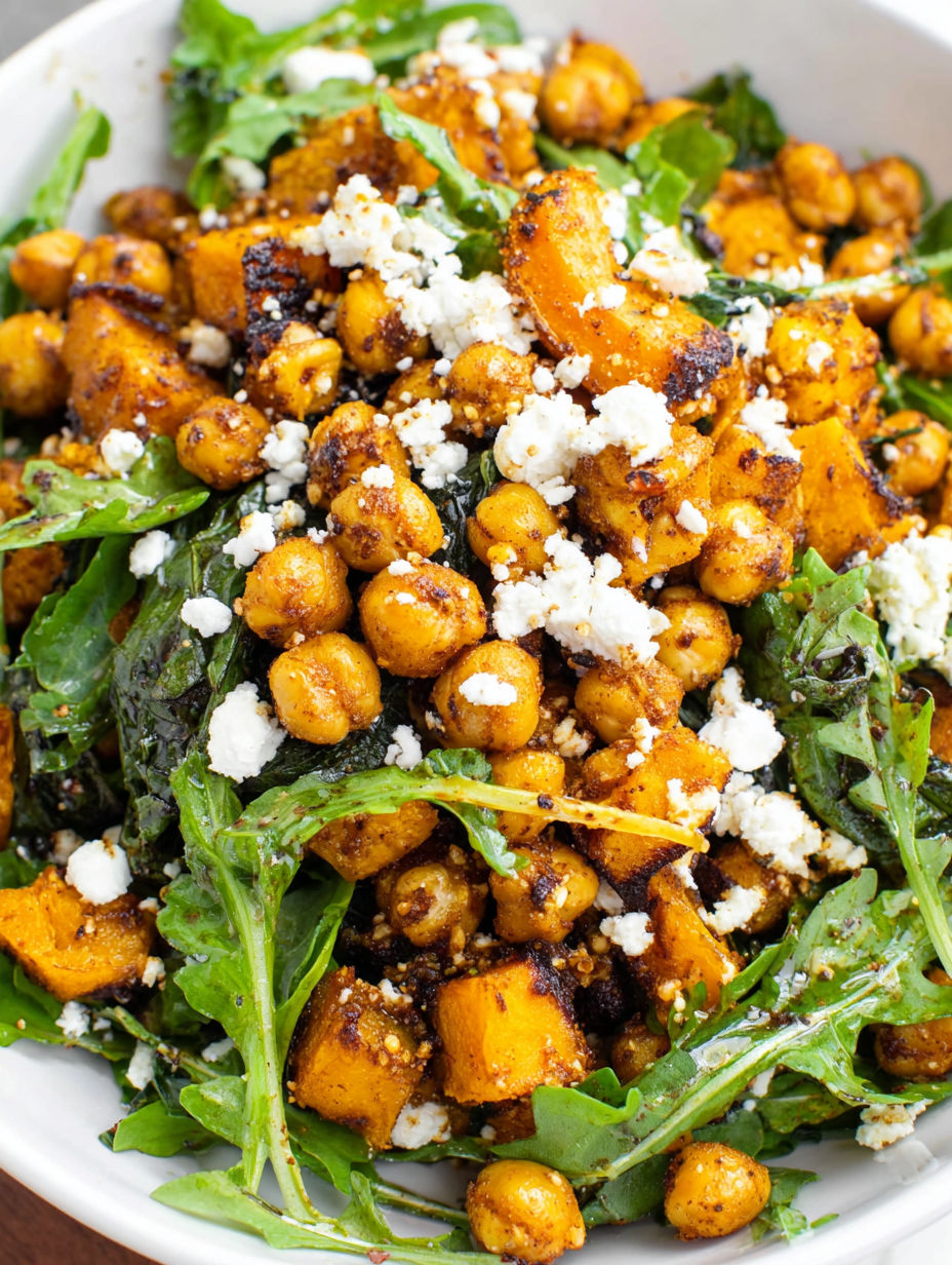 A salad with chickpeas, spinach, and feta cheese.