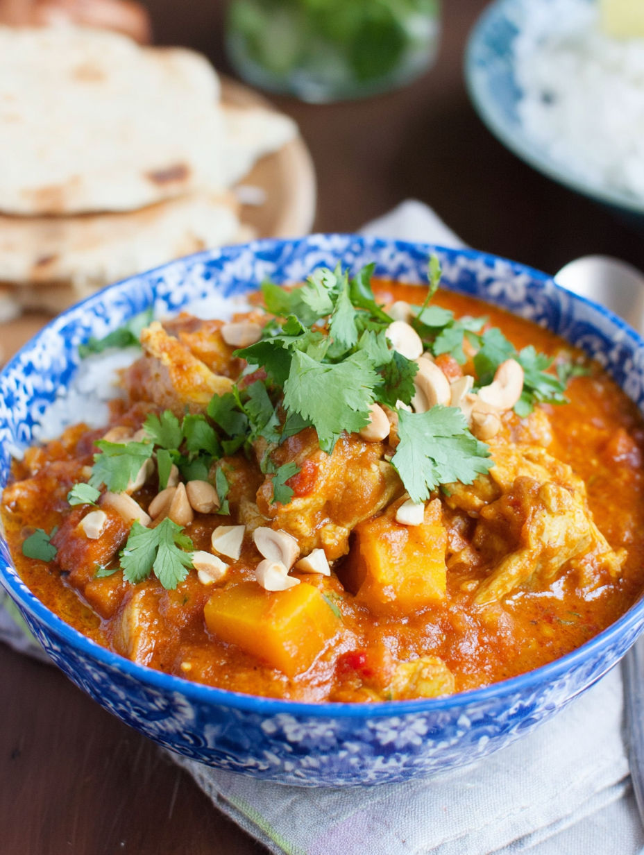 A bowl of chicken and butternut squash curry.