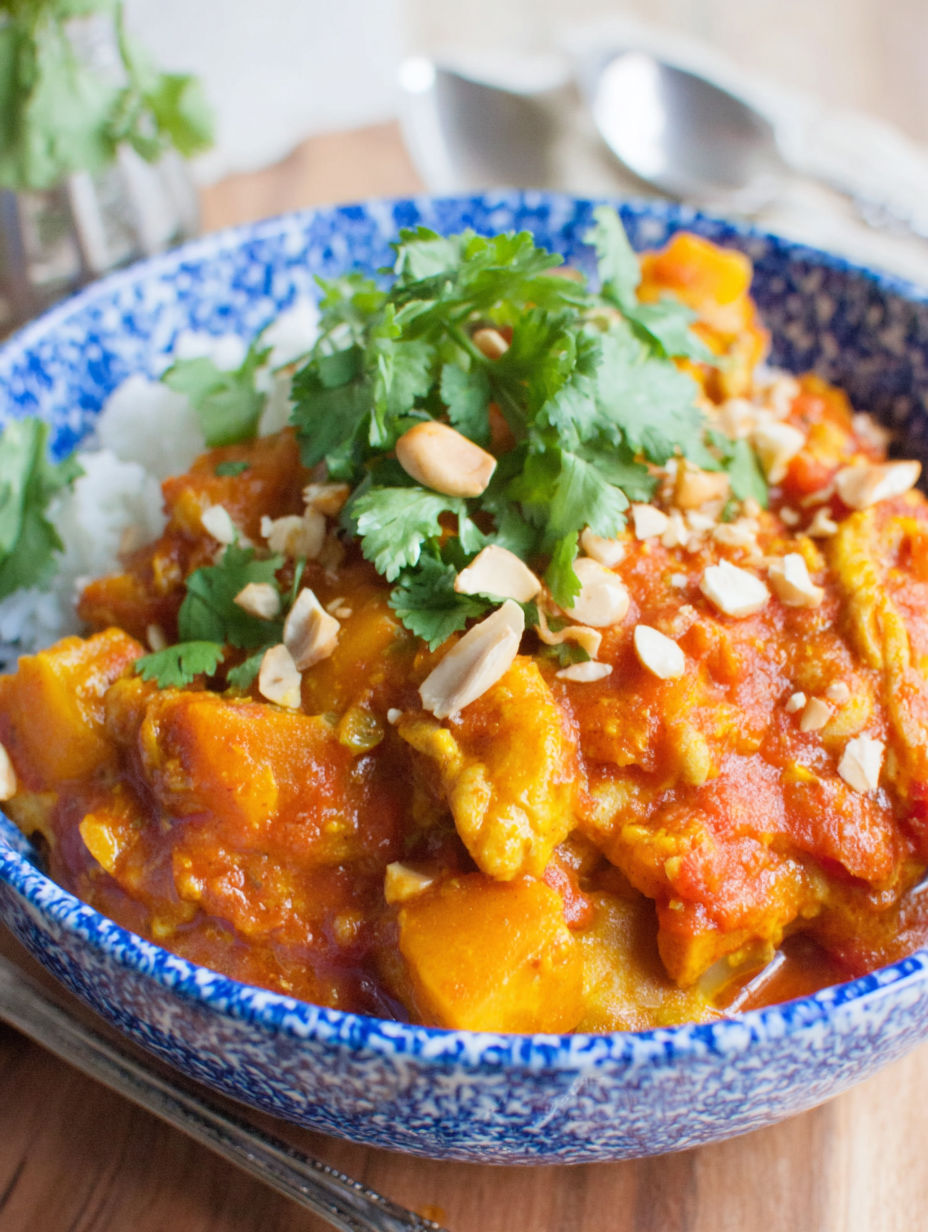 A bowl of chicken and butternut squash curry.