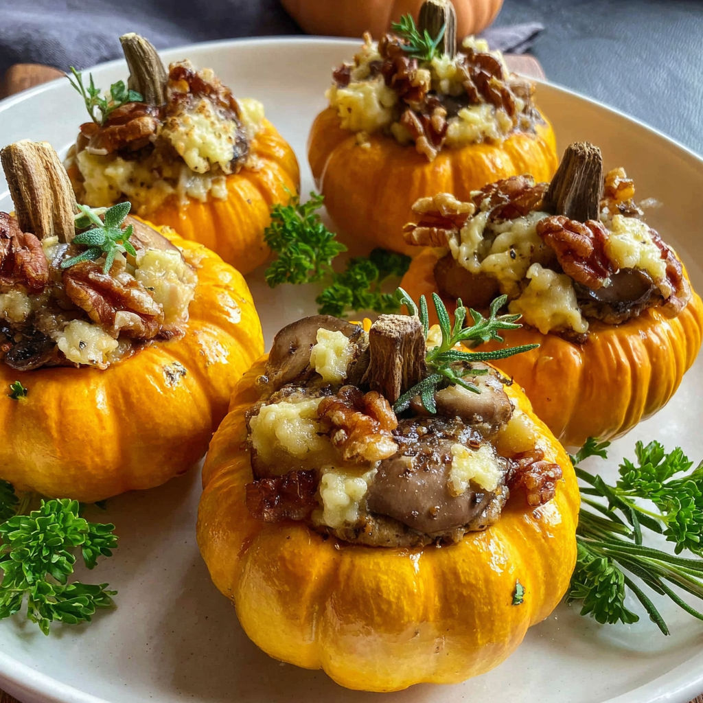 A plate of stuffed mini pumpkins with various toppings.