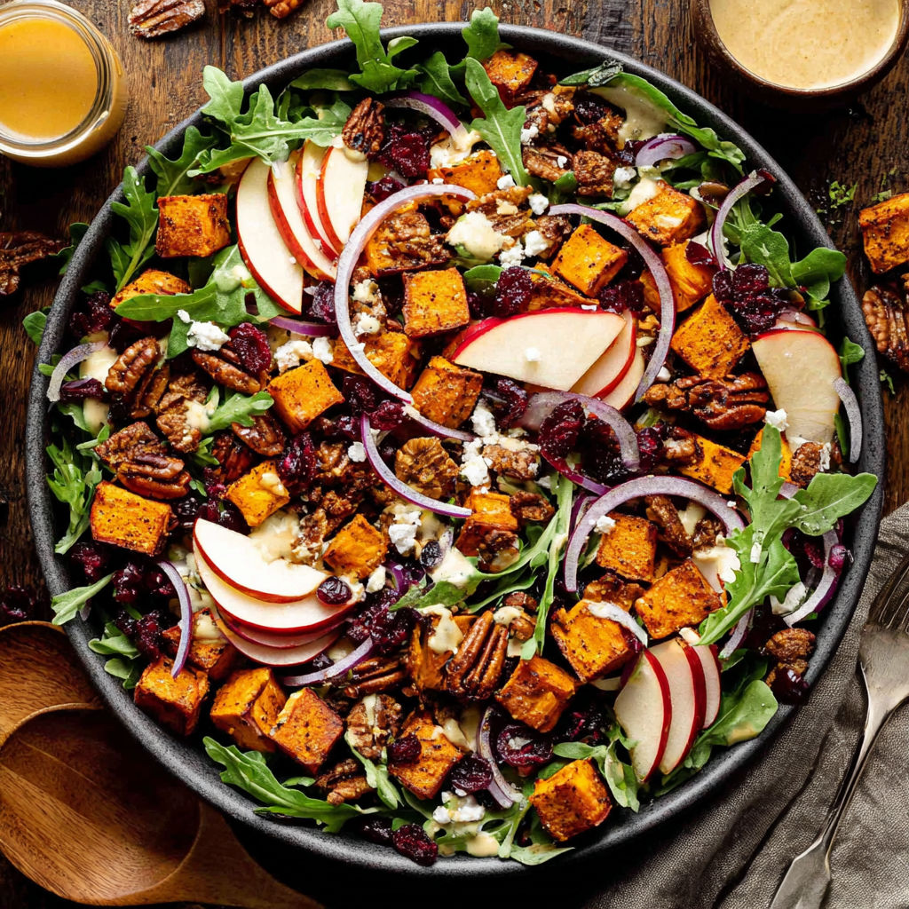 A bowl of salad with roasted sweet potato.
