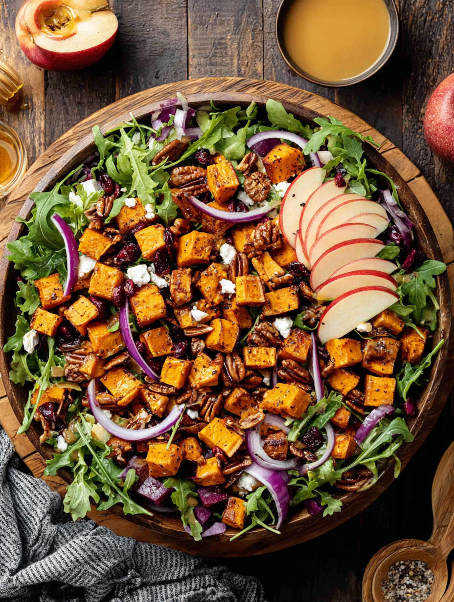 A plate of food with a salad and a slice of apple.