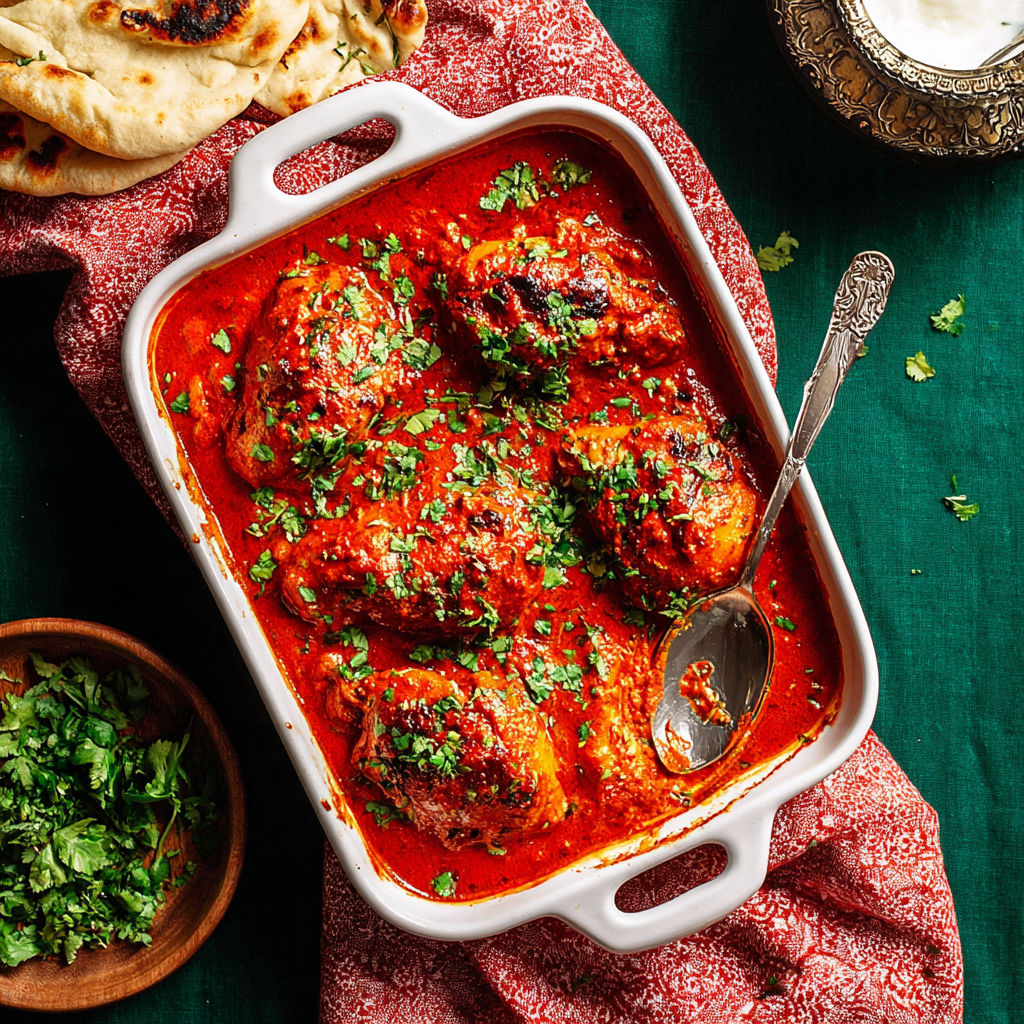 A dish of baked butter chicken with green herbs on top.