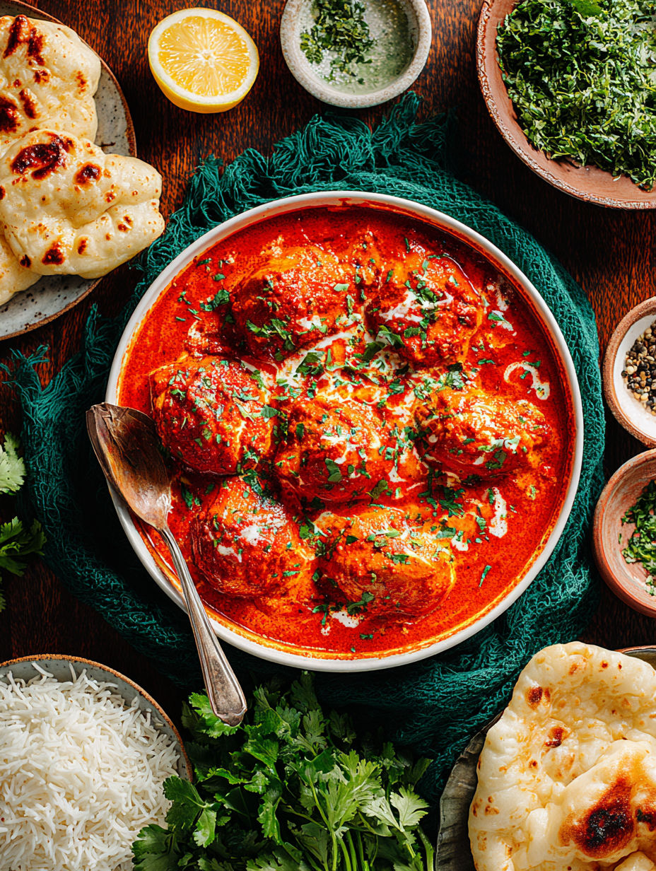 A bowl of butter chicken with a spoon in it.