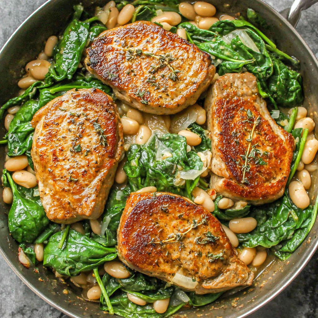 A skillet dinner with pork chops, white beans, and spinach.
