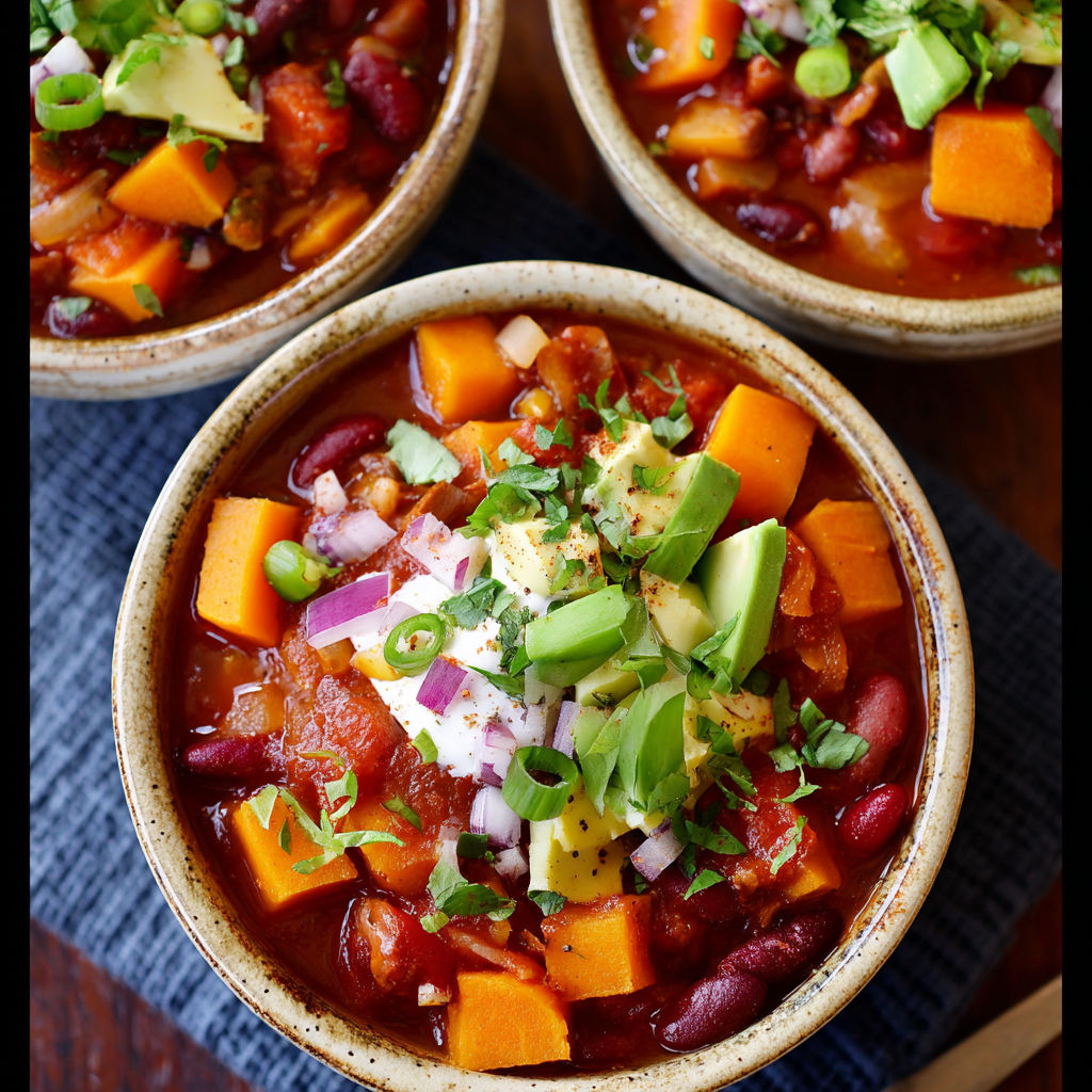 Three bowls of chili with butternut squash.