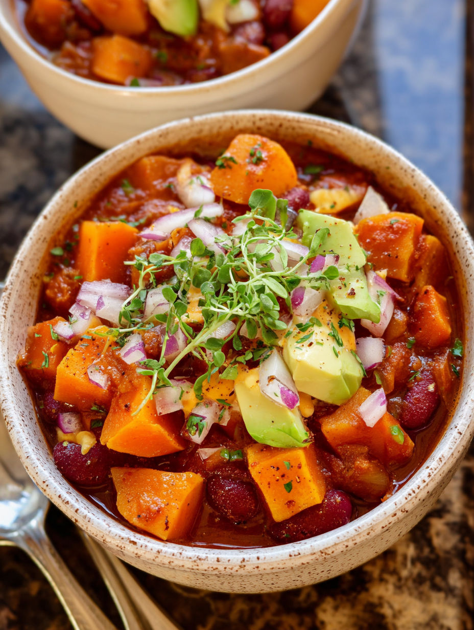 A bowl of chili with butternut squash and avocado.