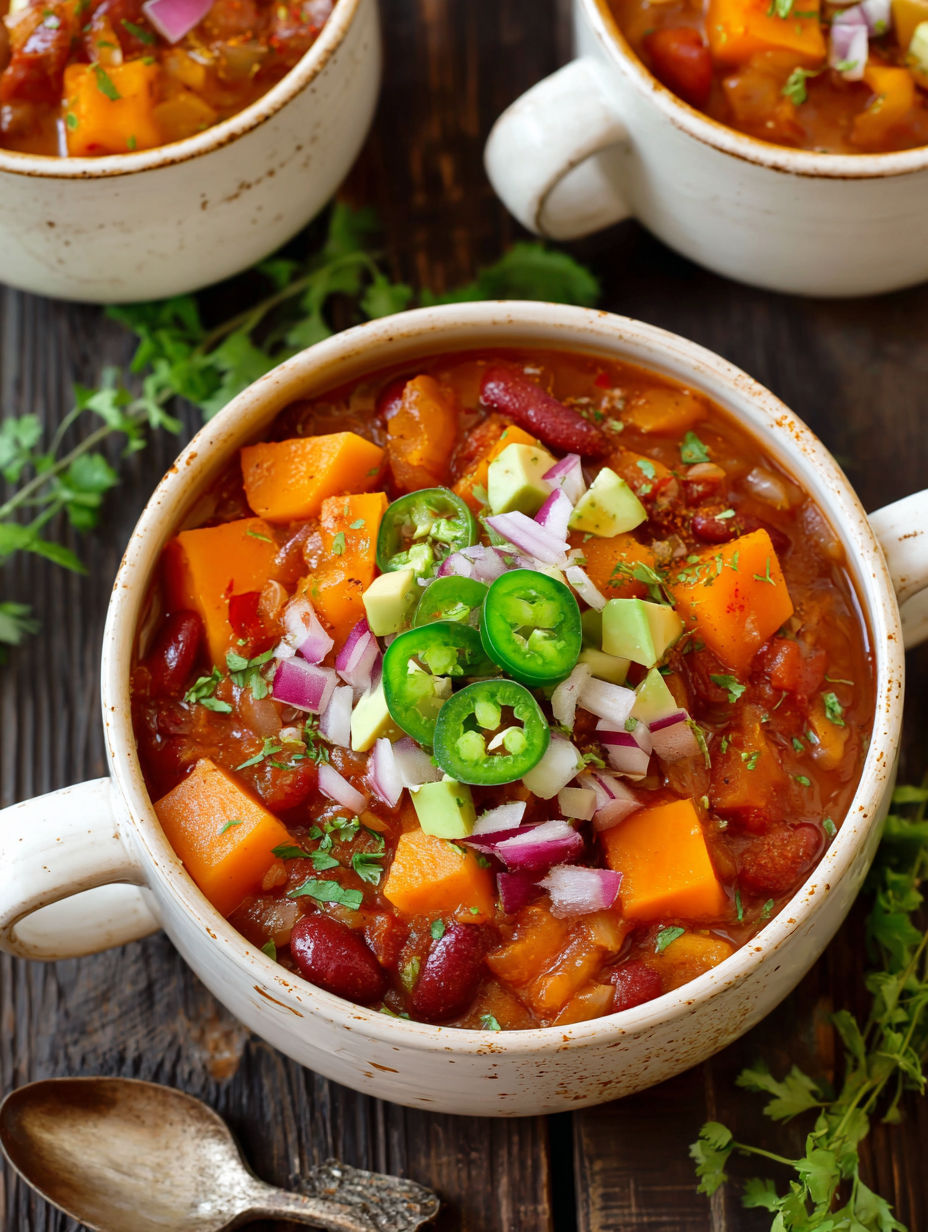 A bowl of chili with butternut squash and jalapenos.