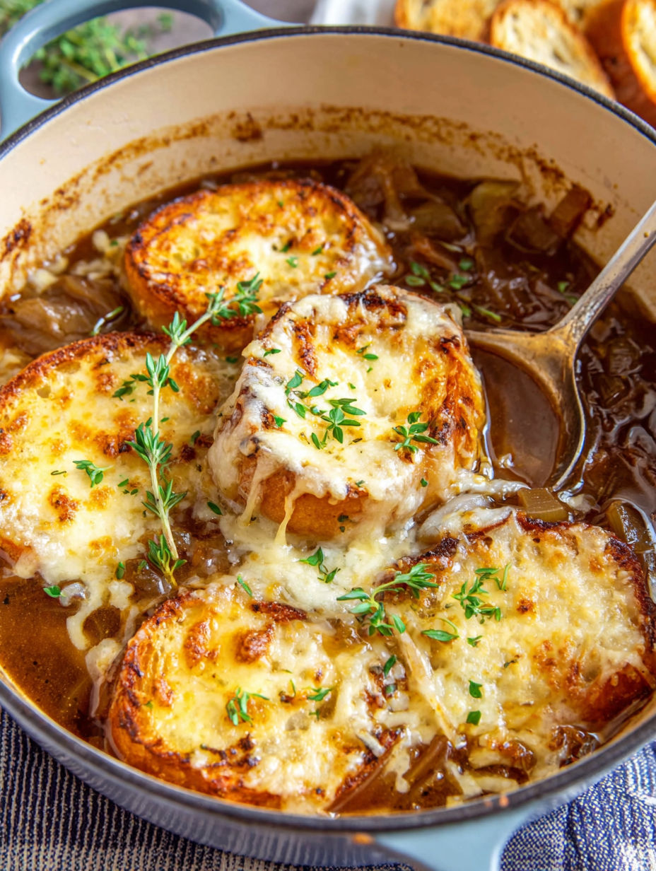A bowl of soup with bread and cheese.