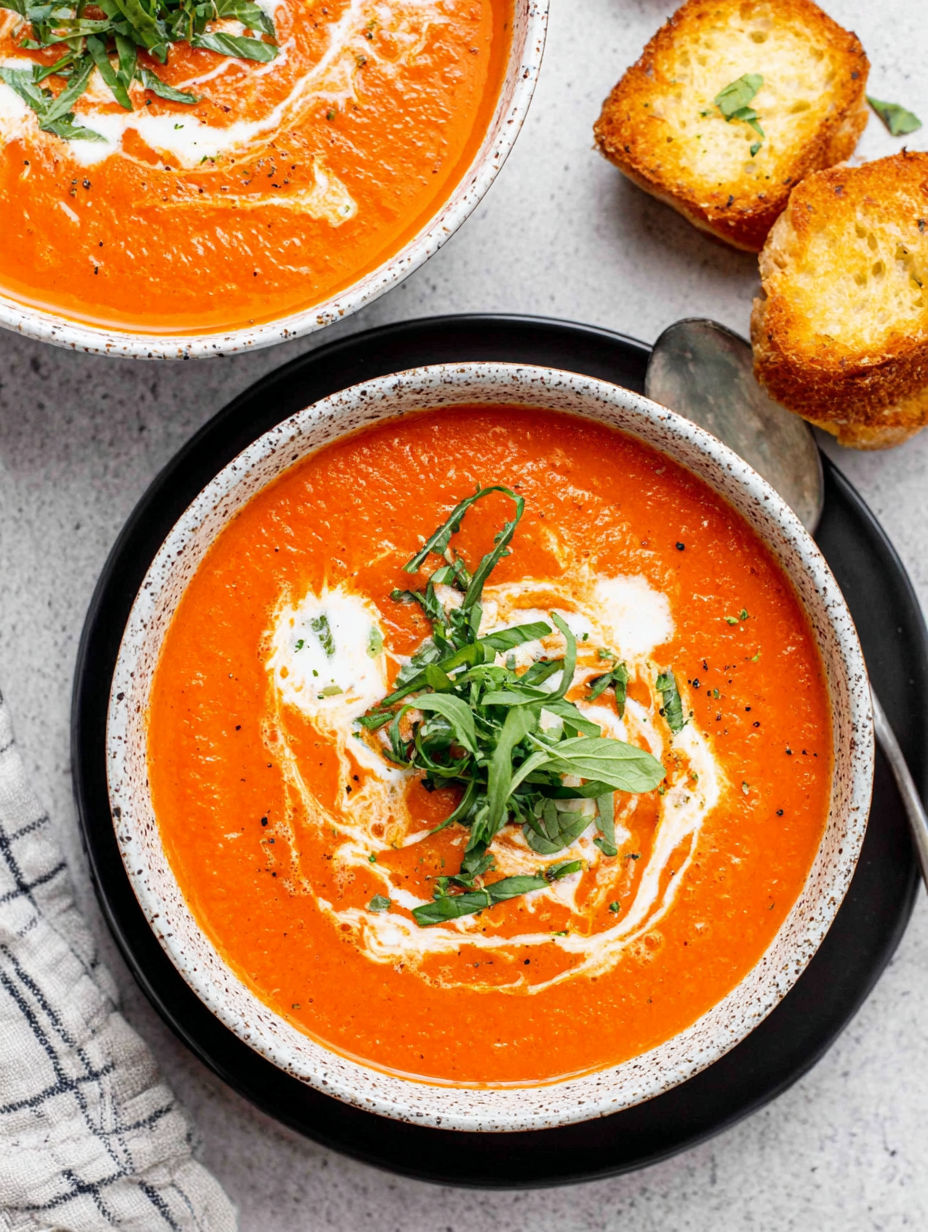 A bowl of tomato bisque with a spoon in it.