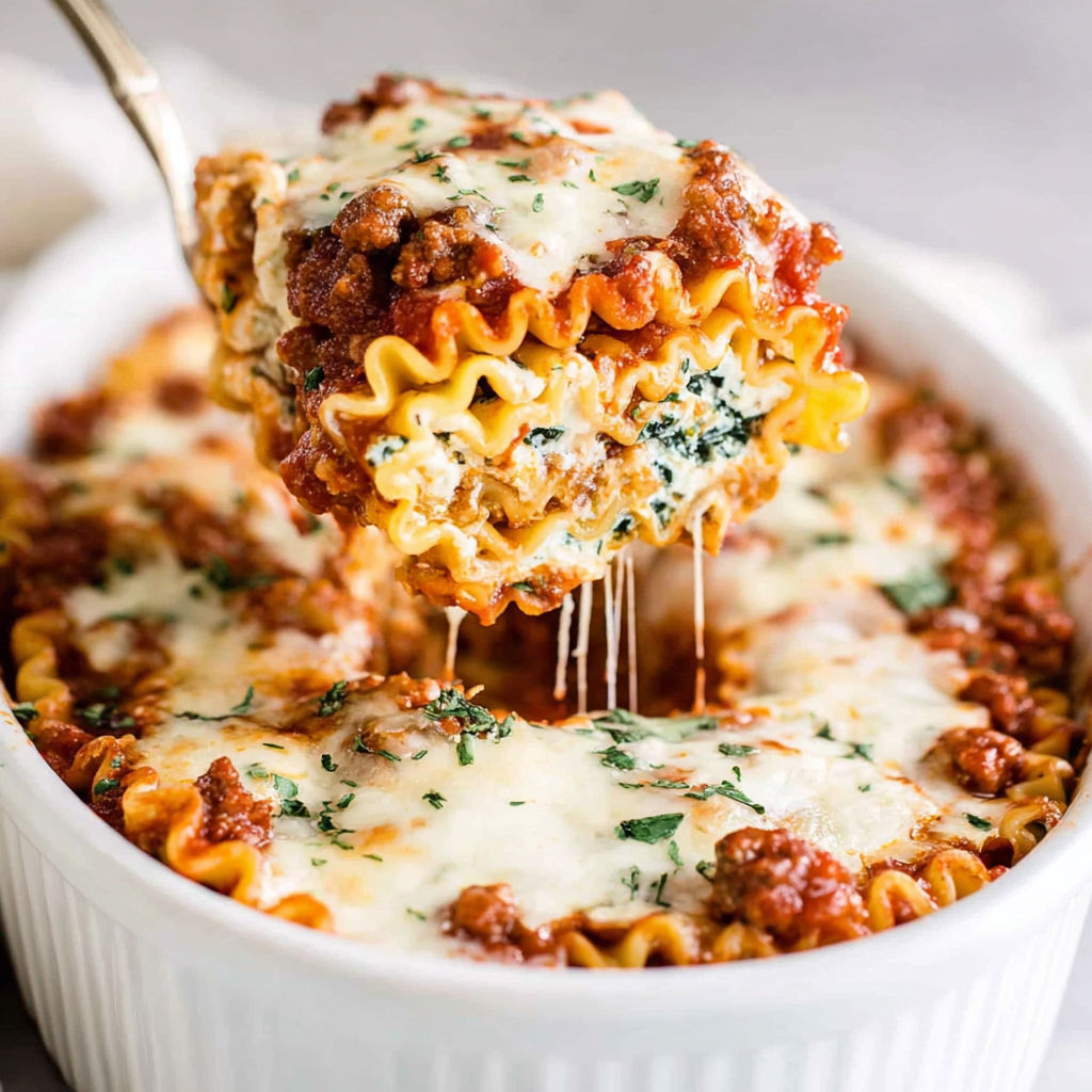 A fork is being used to pick up a piece of lasagna.