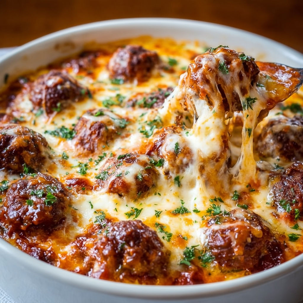 A bowl of meatball casserole.