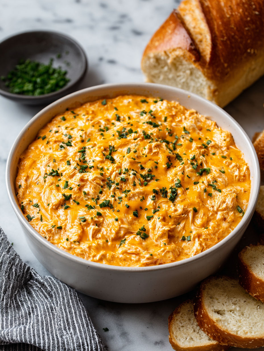 A bowl of cheesy buffalo chicken dip.