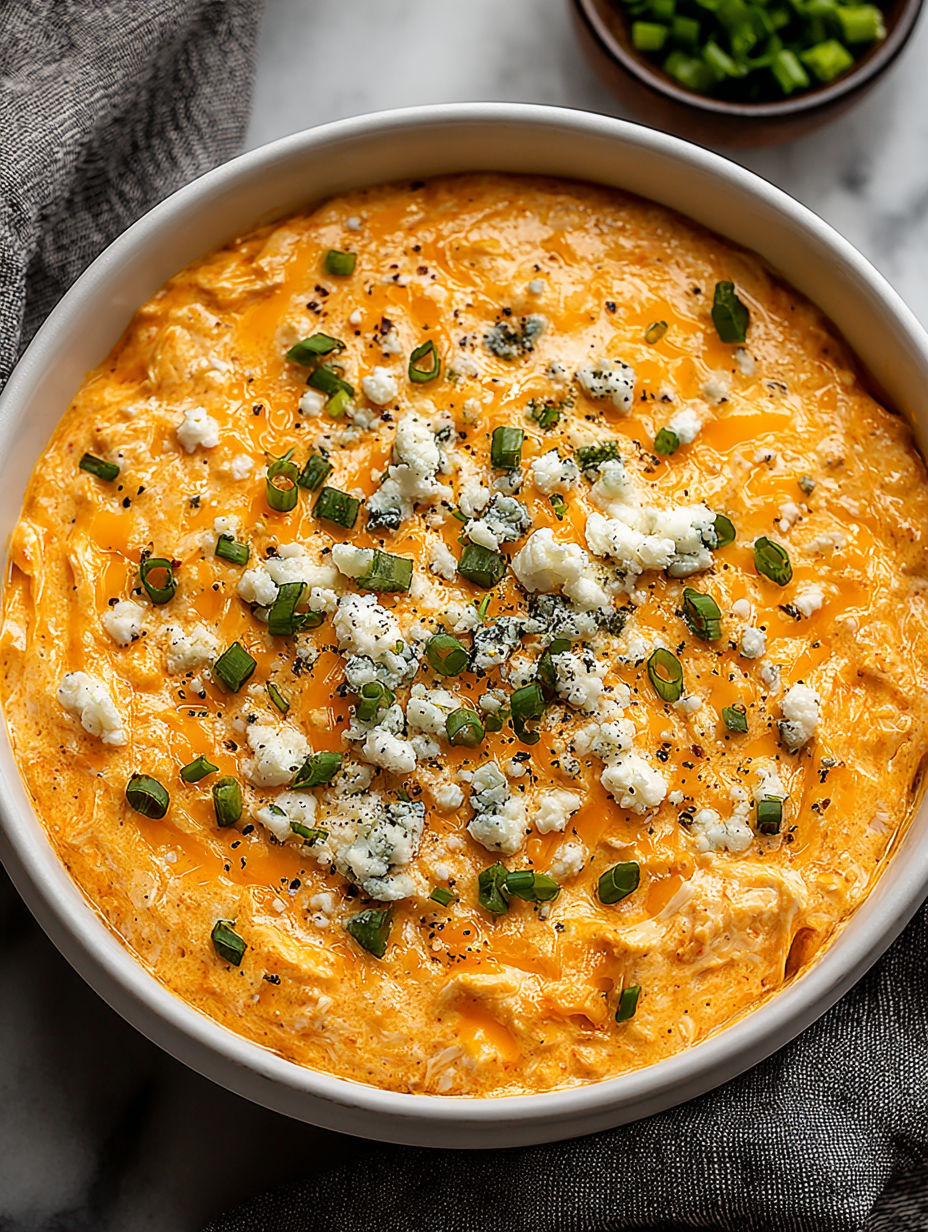 A bowl of cheesy buffalo chicken dip.