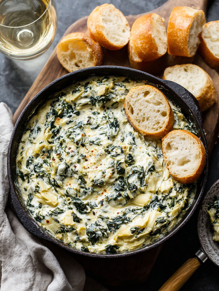 A crockpot spinach and artichoke dip with bread.
