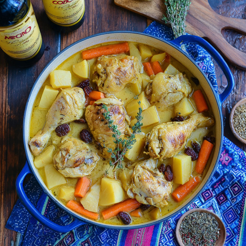 A pot of chicken stew with parsnips and carrots.
