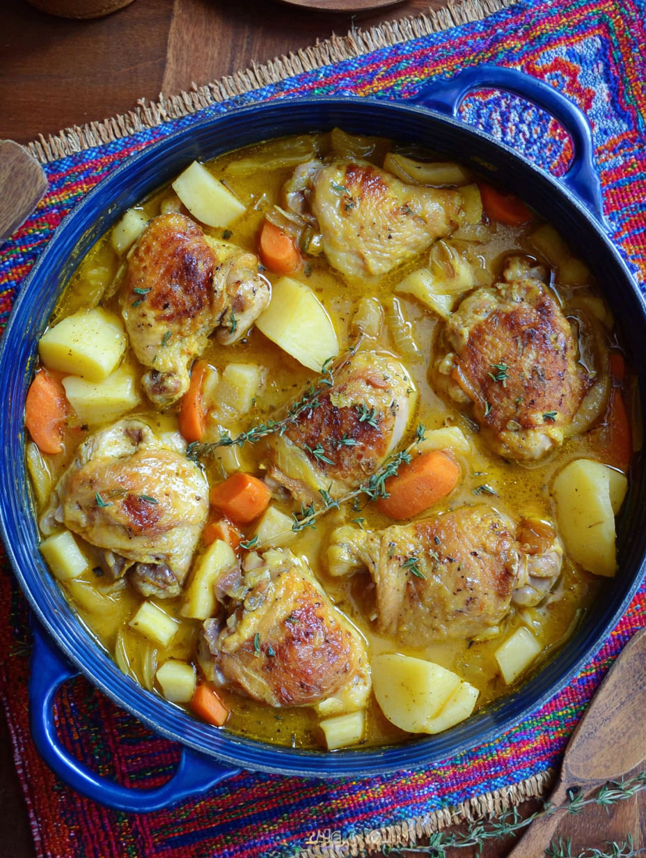 A bowl of chicken stew with carrots and parsnips.