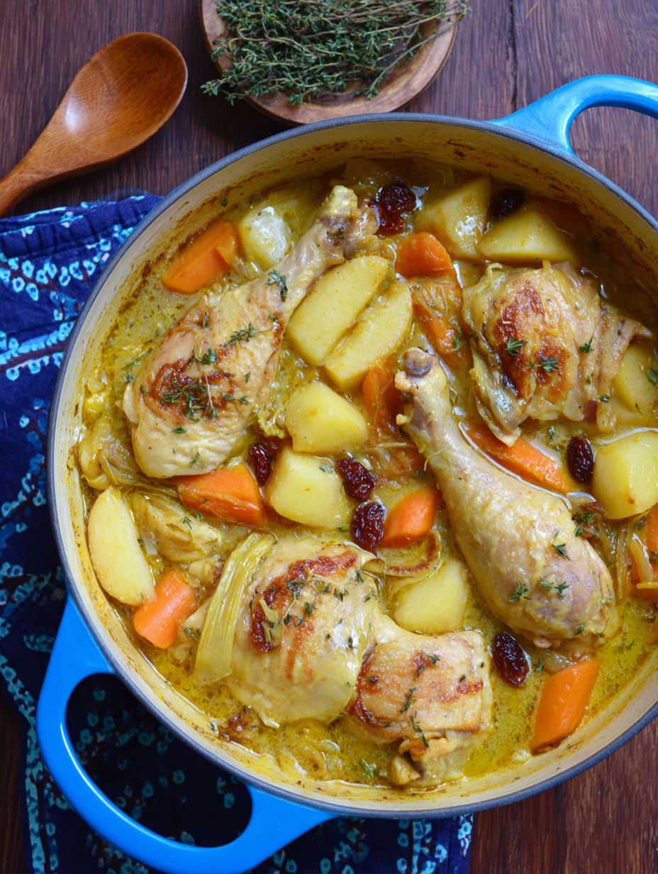 A pot of chicken stew with parsnips.
