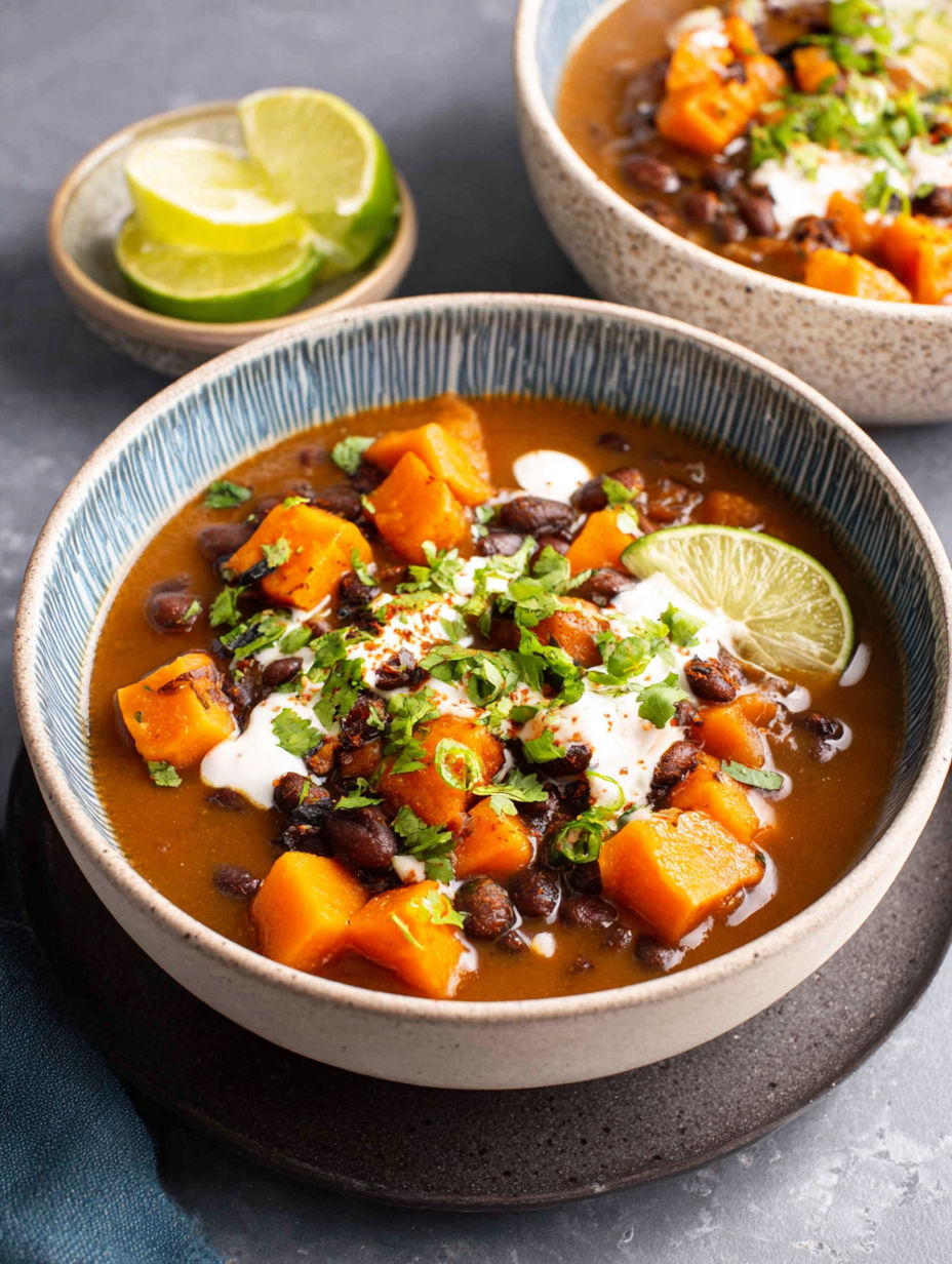 A bowl of Sweet Potato Black Bean Soup.