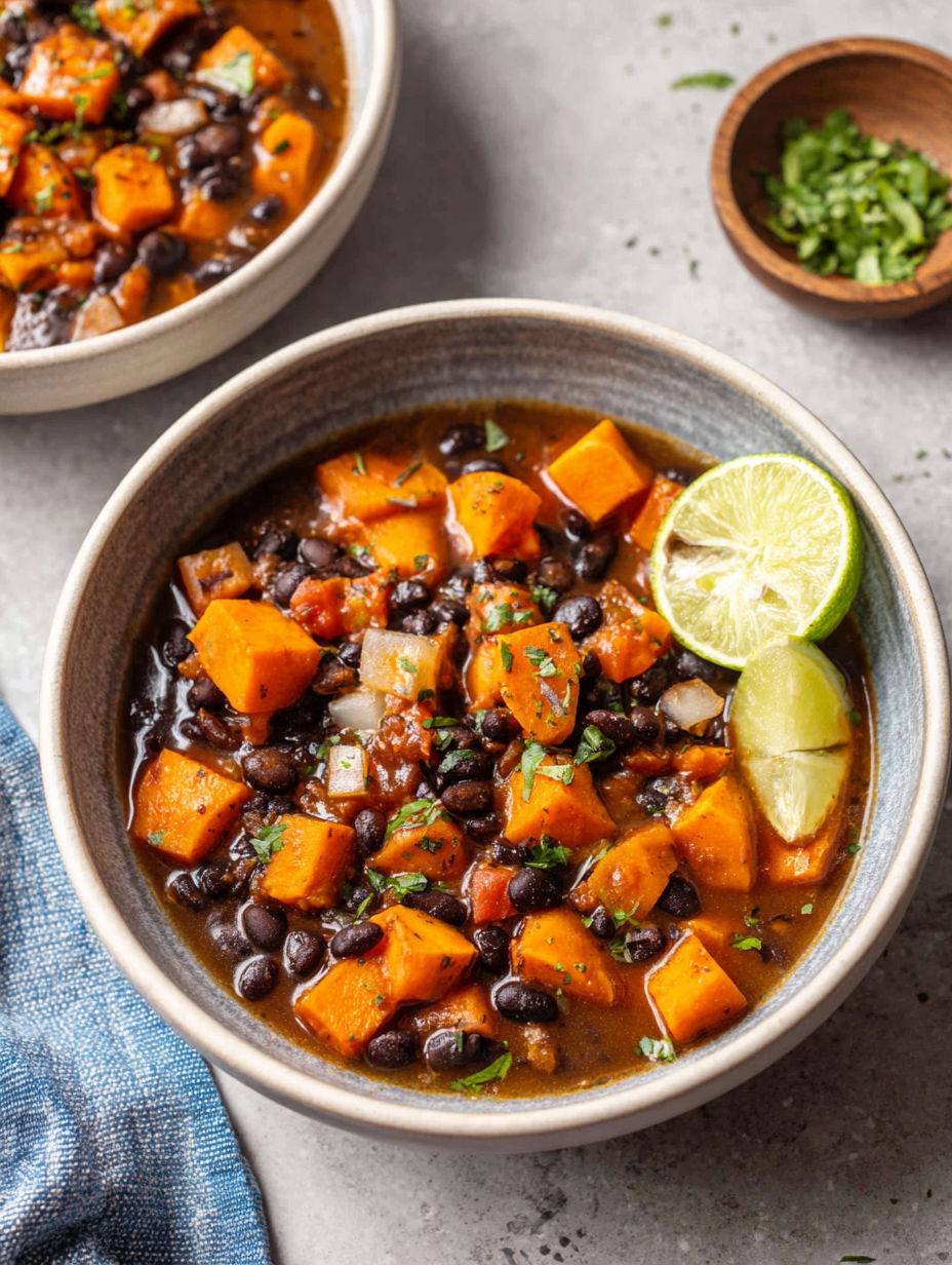 A bowl of Sweet Potato Black Bean Soup.