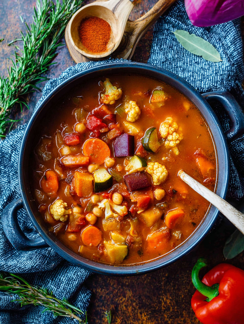 A bowl of vegetable soup with a spoon in it.