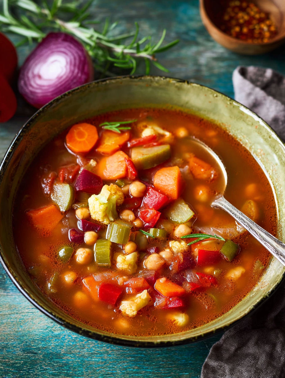 A bowl of vegetable soup with carrots, cauliflower, and beans.