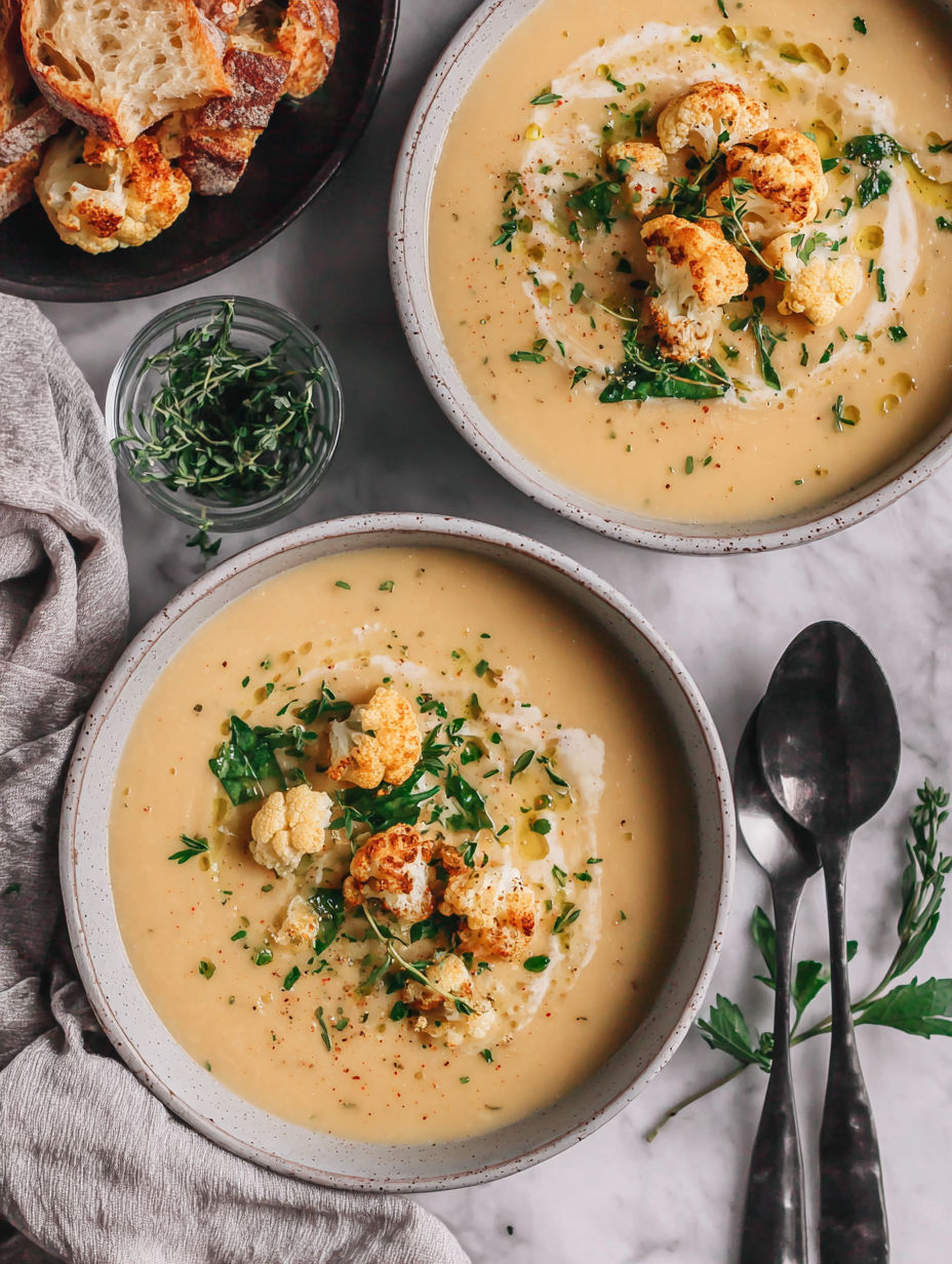Two bowls of cauliflower soup with herbs and spices.