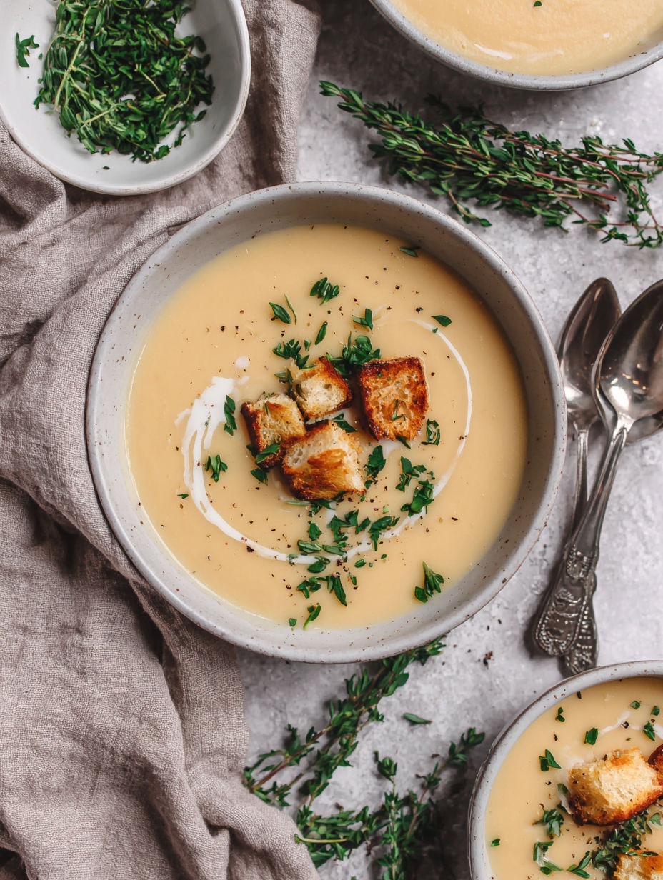 A bowl of soup with roasted cauliflower and herbs.
