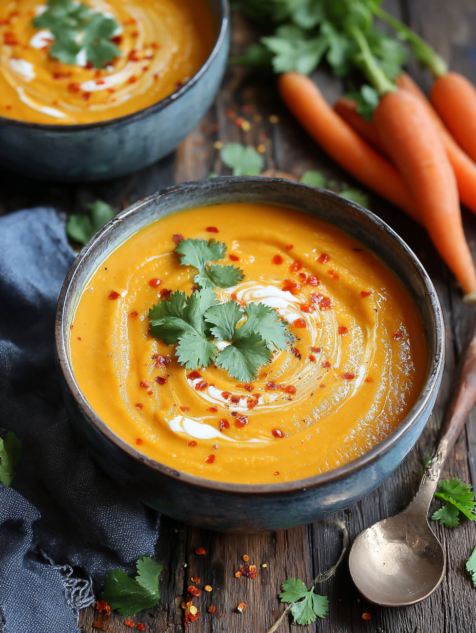 A bowl of spicy carrot ginger soup with a spoon in it.