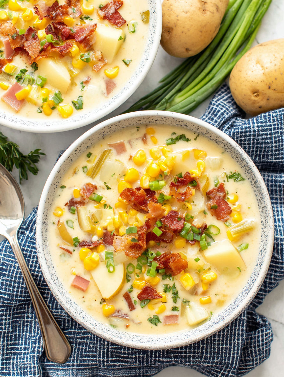A bowl of potato corn chowder with bacon and green onions.