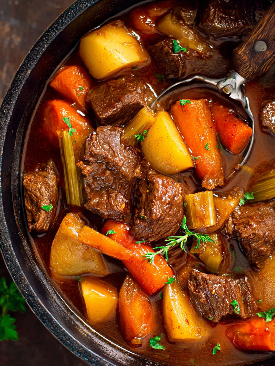 A bowl of beef stew with carrots and onions.