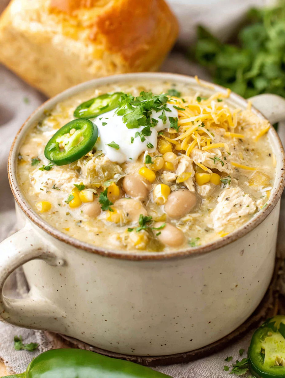 A bowl of chili with corn and jalapenos.