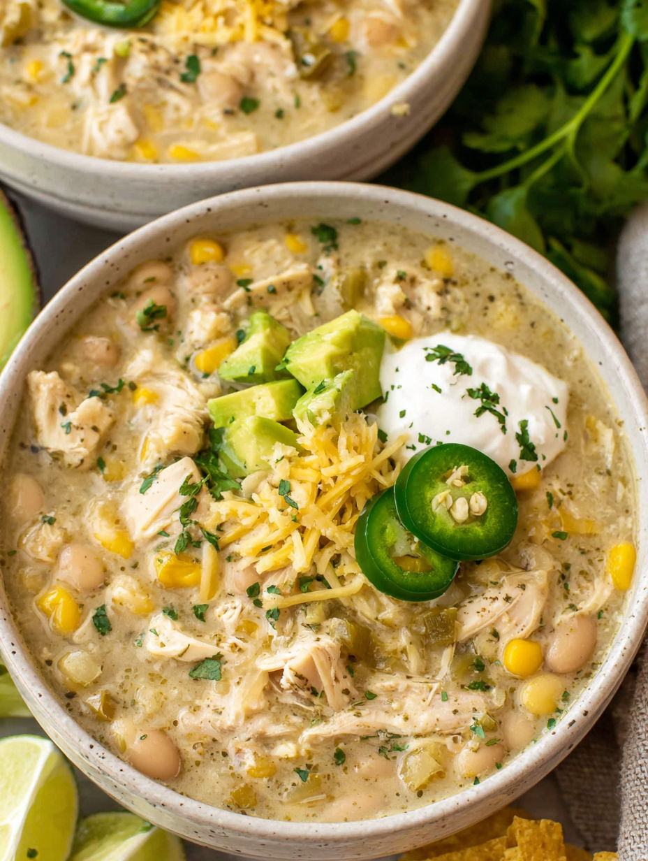 A bowl of creamy chicken chili with avocado and jalapenos.