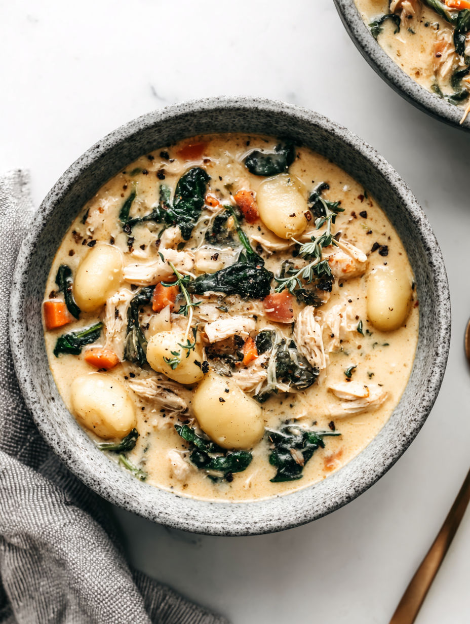 A bowl of soup with chicken and gnocchi.