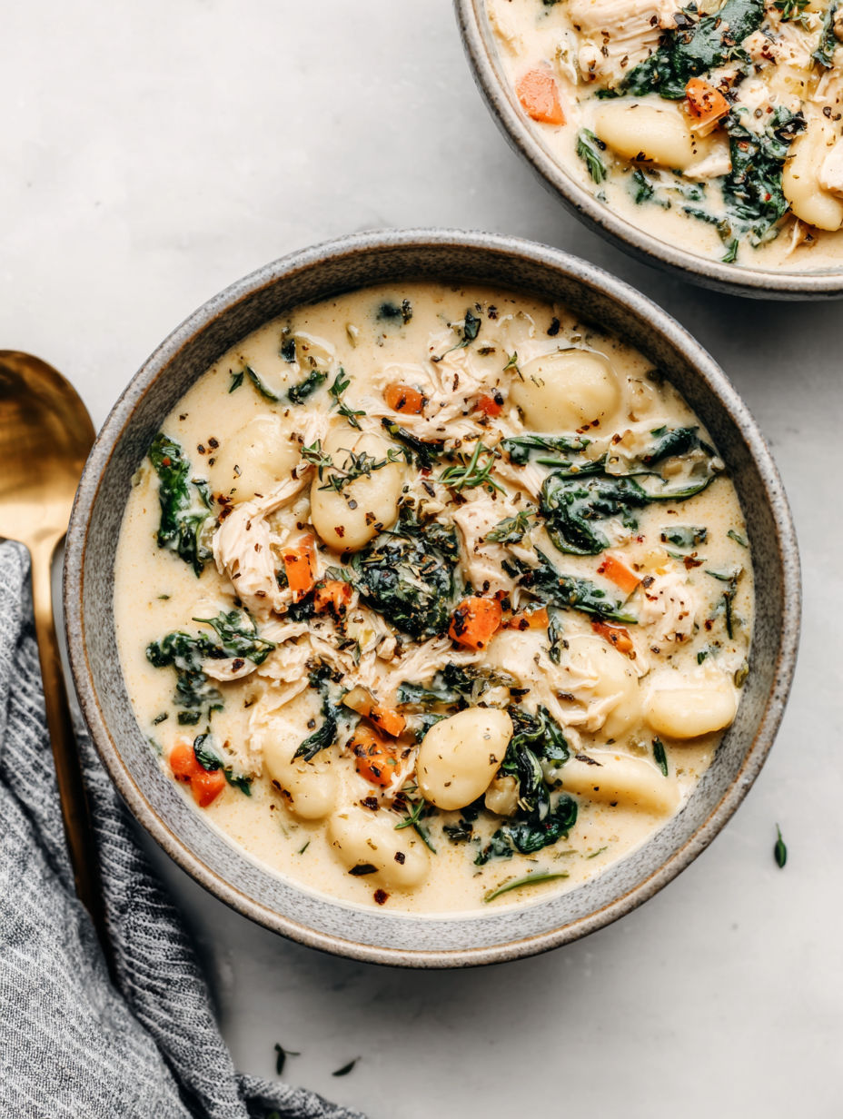 A bowl of soup with chicken, gnocchi, and greens.