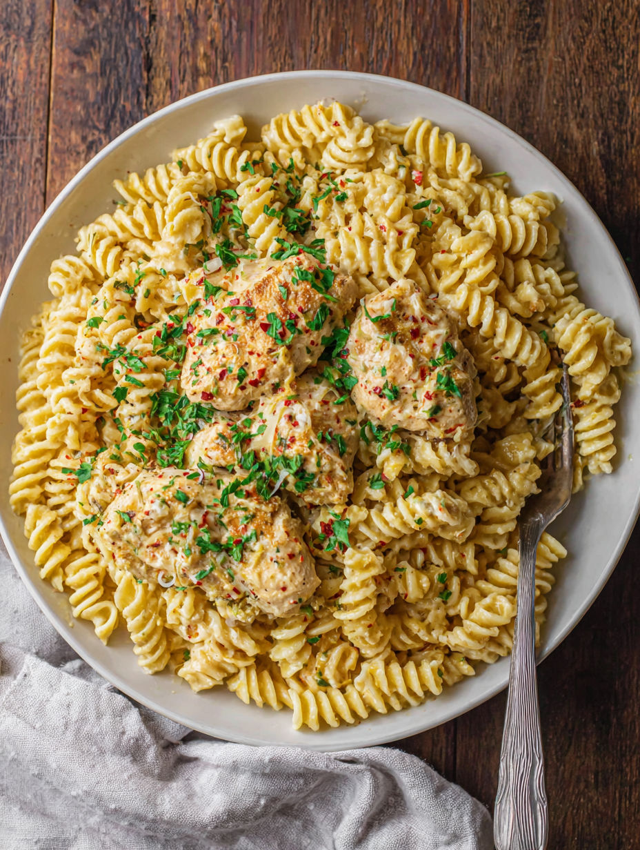 A plate of pasta with chicken and garlic.