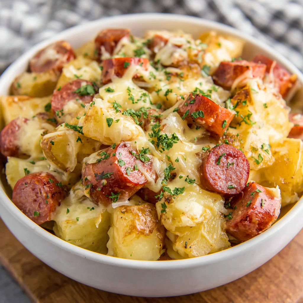 A bowl of cheesy potatoes and kielbasa.