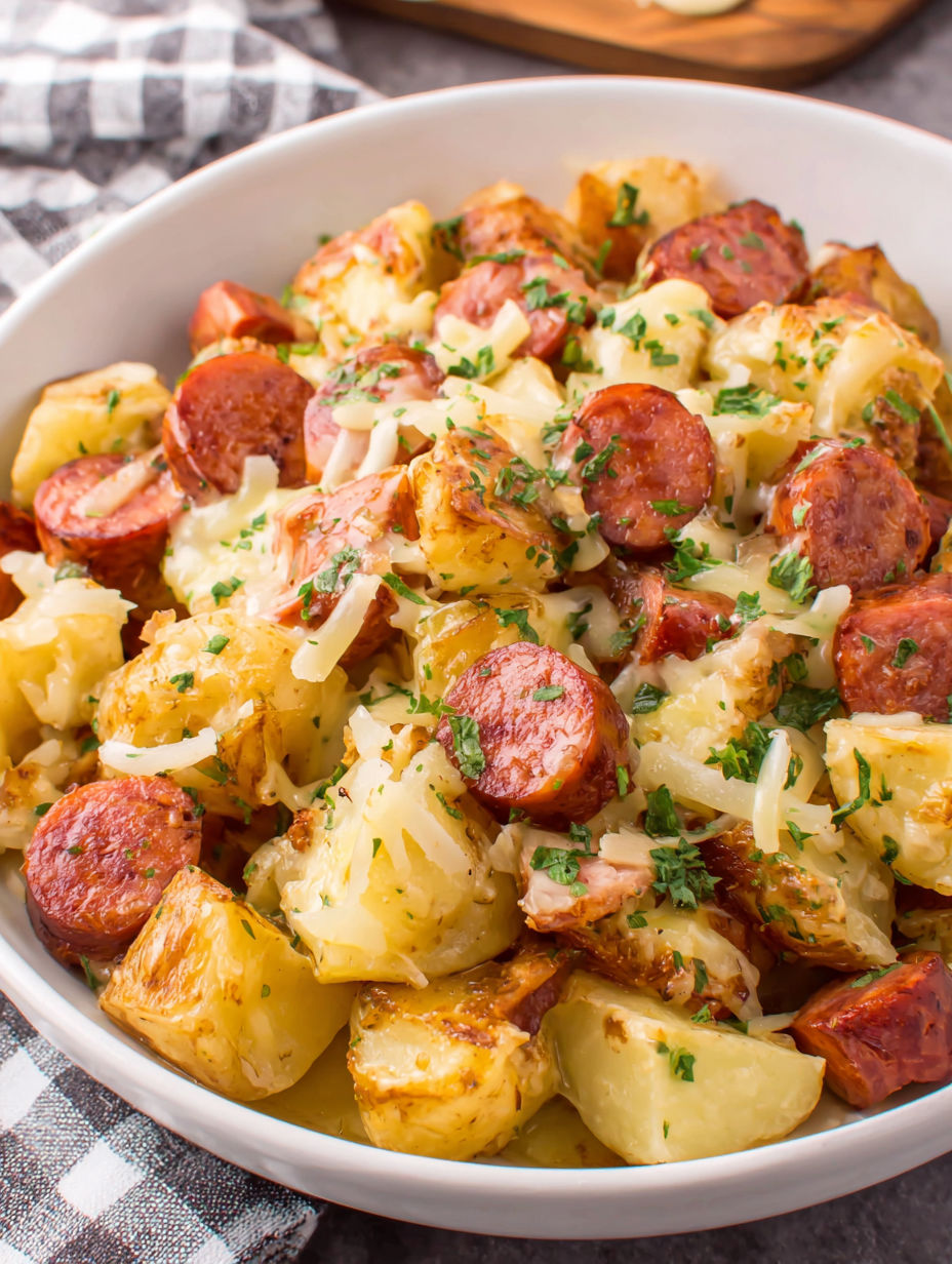 A bowl of cheesy potatoes and kielbasa.