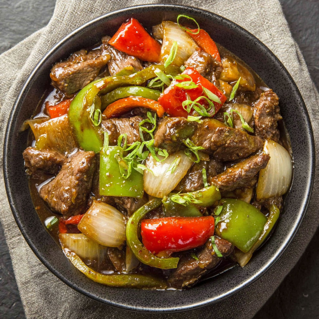 A bowl of beef and peppers.