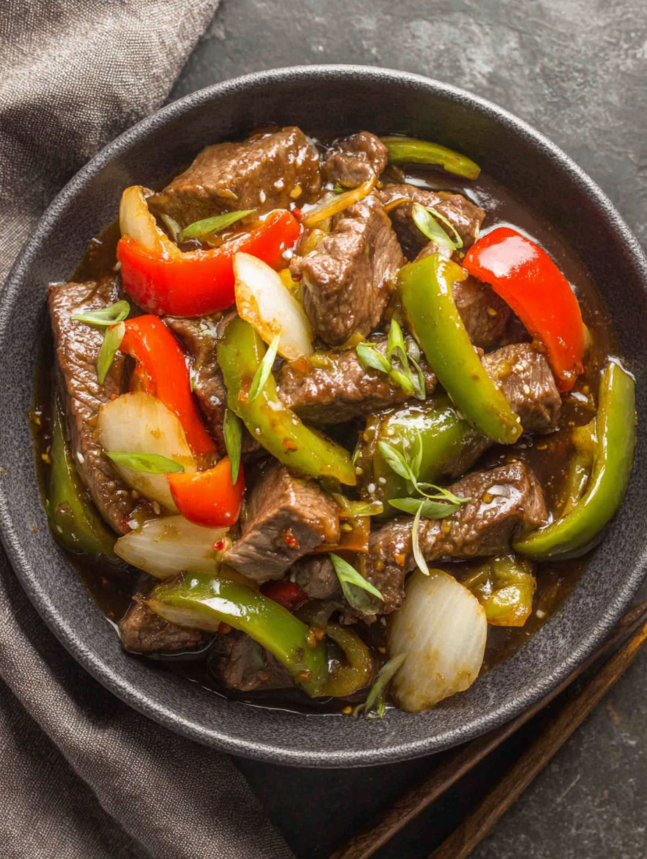 A bowl of beef and vegetables.